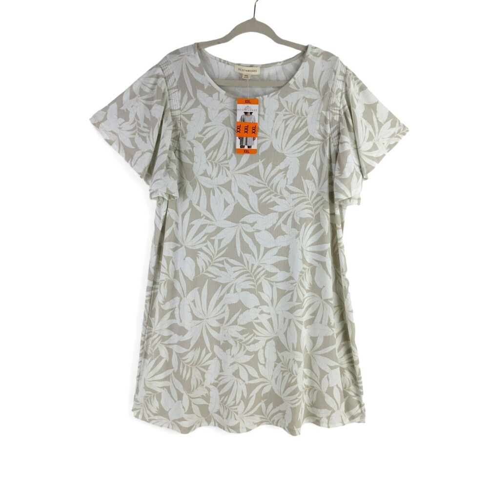 Ecothreads Dress Womens XXL Beige Botanical Print Trapeze Flutter Sleeve Rib NEW